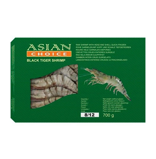 Frozen Food 8/12 Black Tiger Prawns with Head and Shell 700g